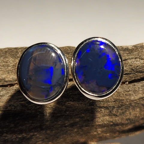 A4549 Solid Black Opal Sterling Silver Stud Earrings